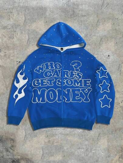 Custom Royal Blue Graphic Zip-Up Heavyweight Hoodie with Rhinestones & Flame Sleeve Prints