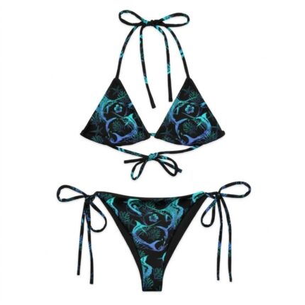 Custom Black Deep-Sea Marlin & Coral Print String Bikini Set