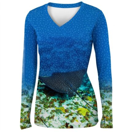Custom Women’s Sublimated Spotted Eagle Ray V-Neck Performance Fishing Shirt