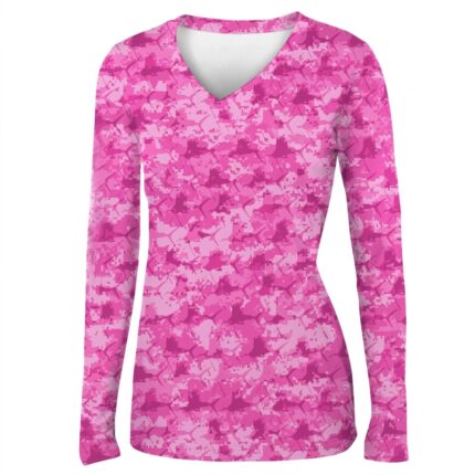 Custom Women’s Pink Digital Camo Long-Sleeve V-Neck Performance Fishing Shirt